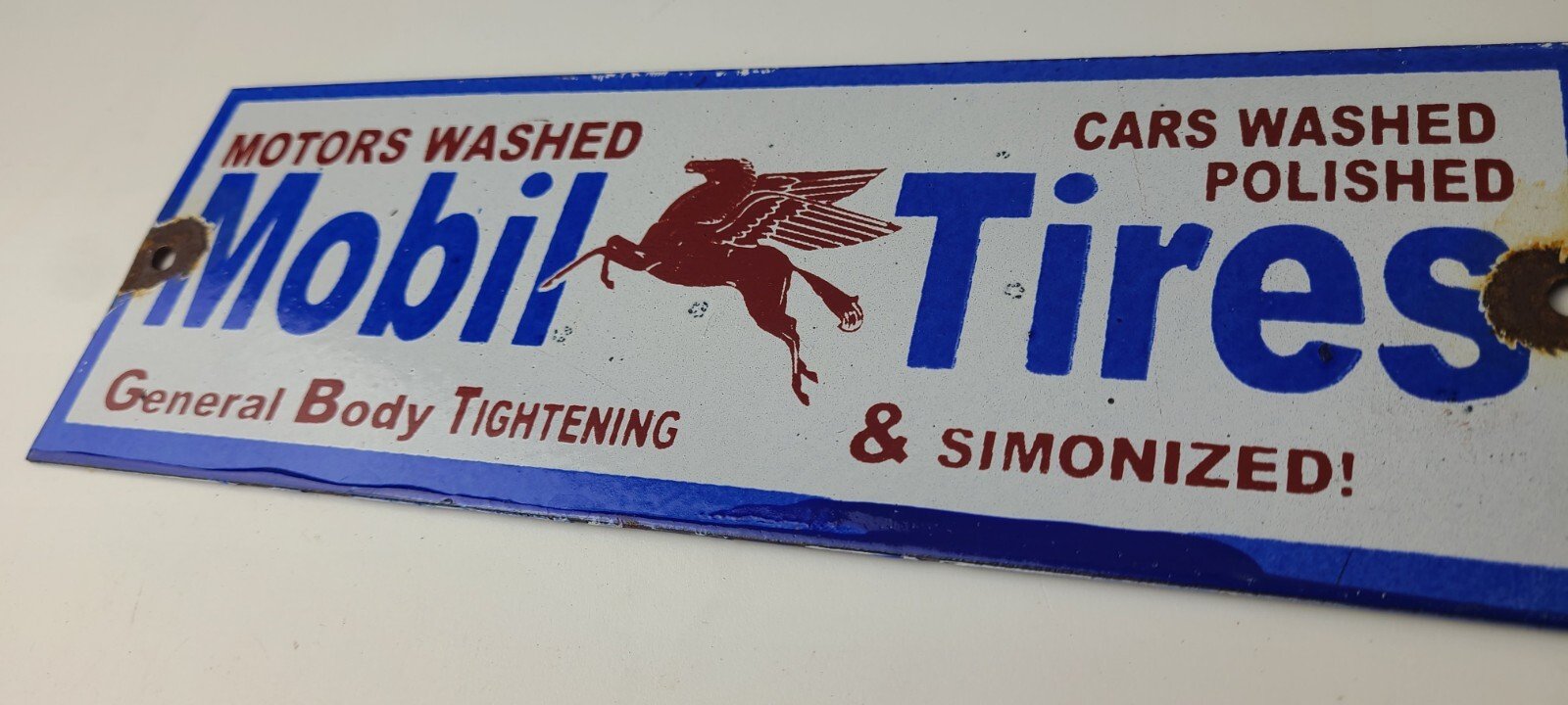 Vintage Mobil Porcelain Sign - Car Wash Porcelain Pegasus Pump Tires Sign - Image 11