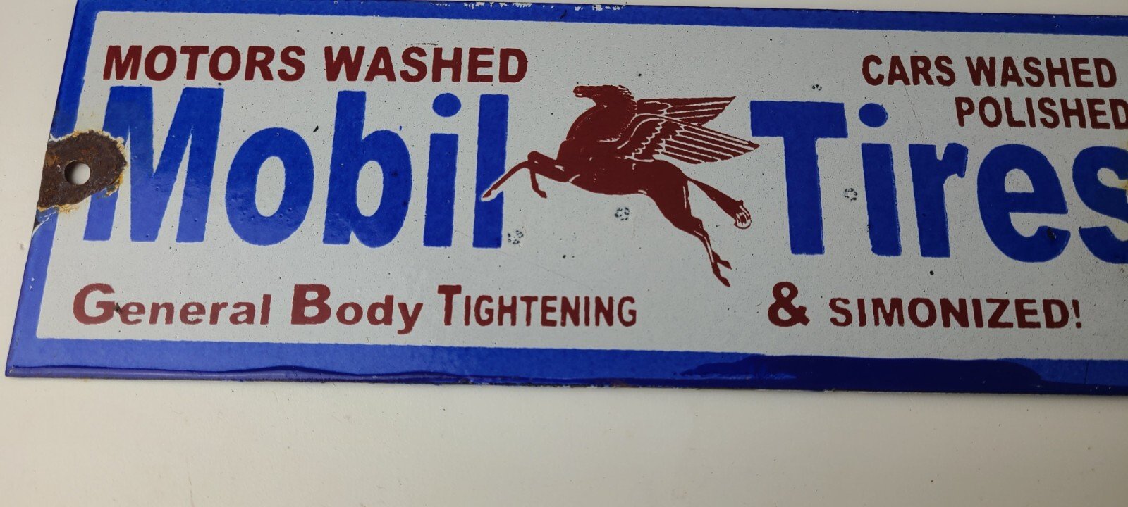 Vintage Mobil Porcelain Sign - Car Wash Porcelain Pegasus Pump Tires Sign - Image 4