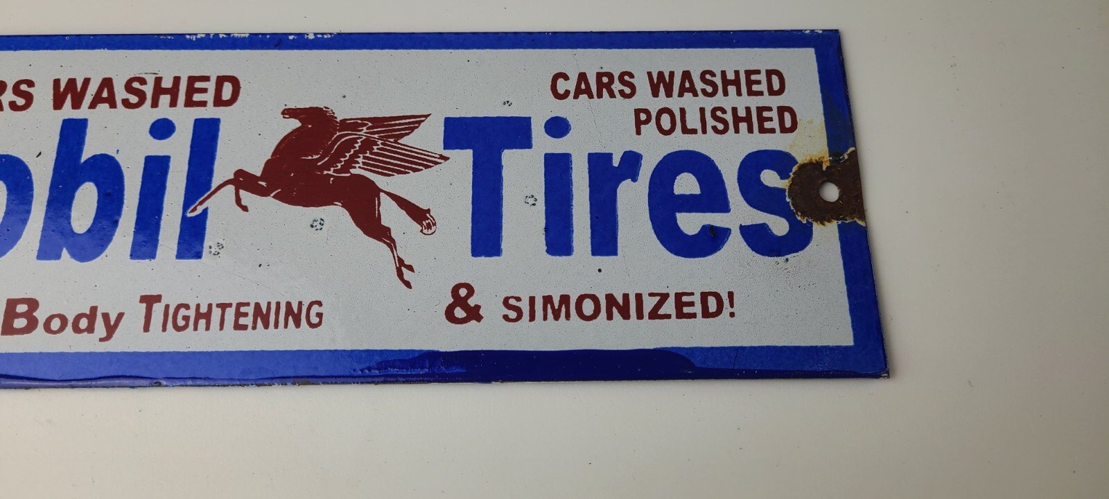 Vintage Mobil Porcelain Sign - Car Wash Porcelain Pegasus Pump Tires Sign - Image 5