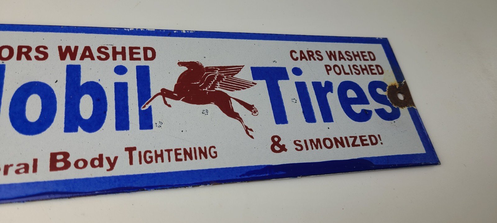 Vintage Mobil Porcelain Sign - Car Wash Porcelain Pegasus Pump Tires Sign - Image 8