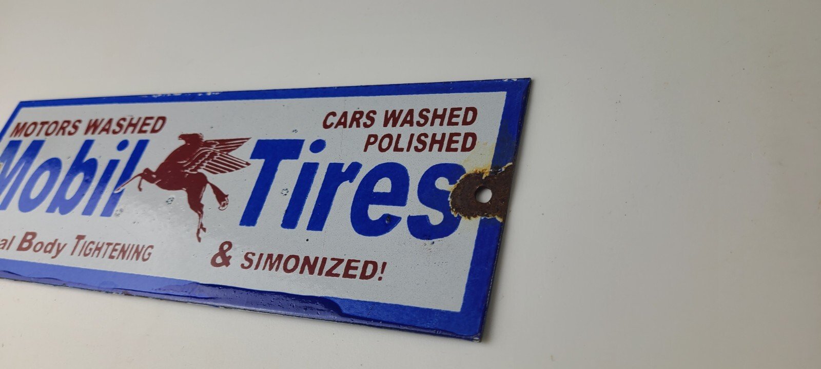 Vintage Mobil Porcelain Sign - Car Wash Porcelain Pegasus Pump Tires Sign - Image 9