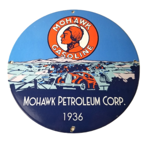 Vintage Mohawk Gasoline Sign - Porcelain American Indian Gas Motor Oil Pump Sign