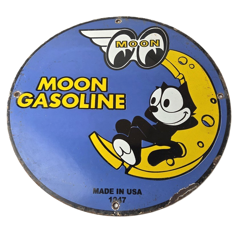 Vintage Moon Eyes Sign - Speed Equipment Felix the Cat Porcelain Gas Pump Sign
