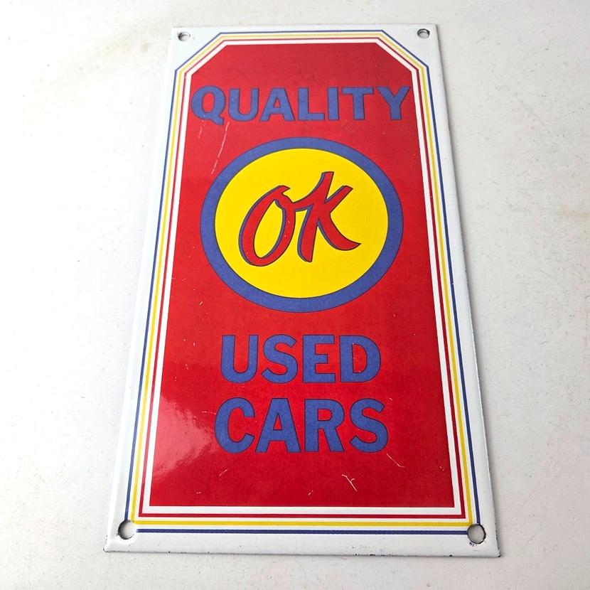 Vintage OK Quality Used Cars Porcelain Sign - Classic Dealer Shield Sign - Image 15