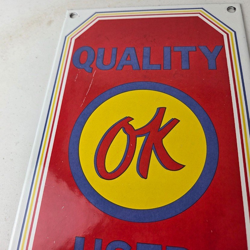 Vintage OK Quality Used Cars Porcelain Sign - Classic Dealer Shield Sign - Image 3