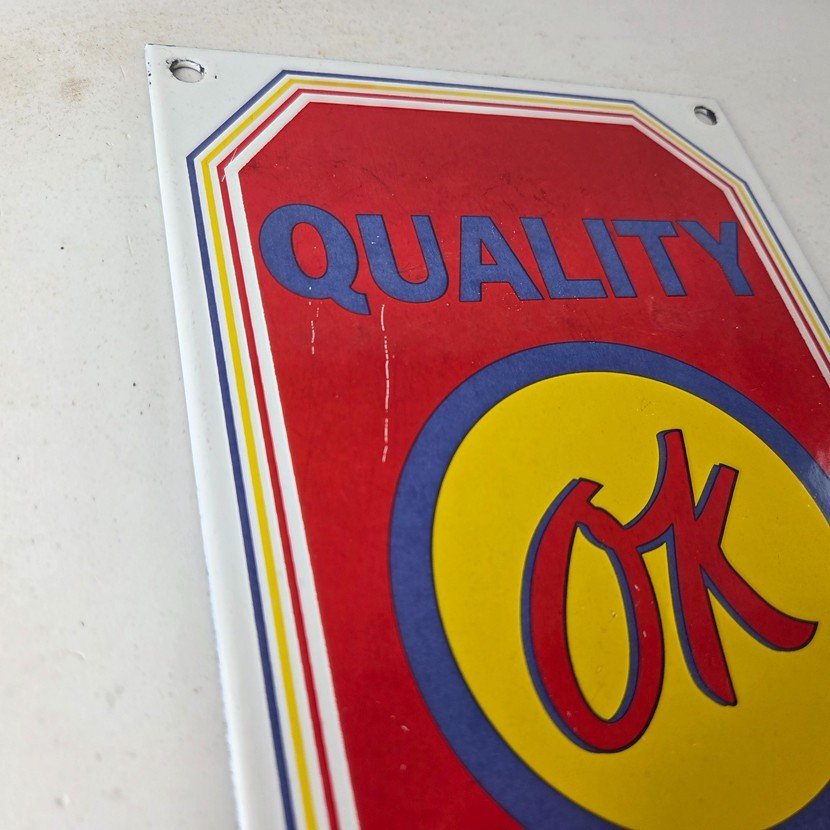 Vintage OK Quality Used Cars Porcelain Sign - Classic Dealer Shield Sign - Image 5