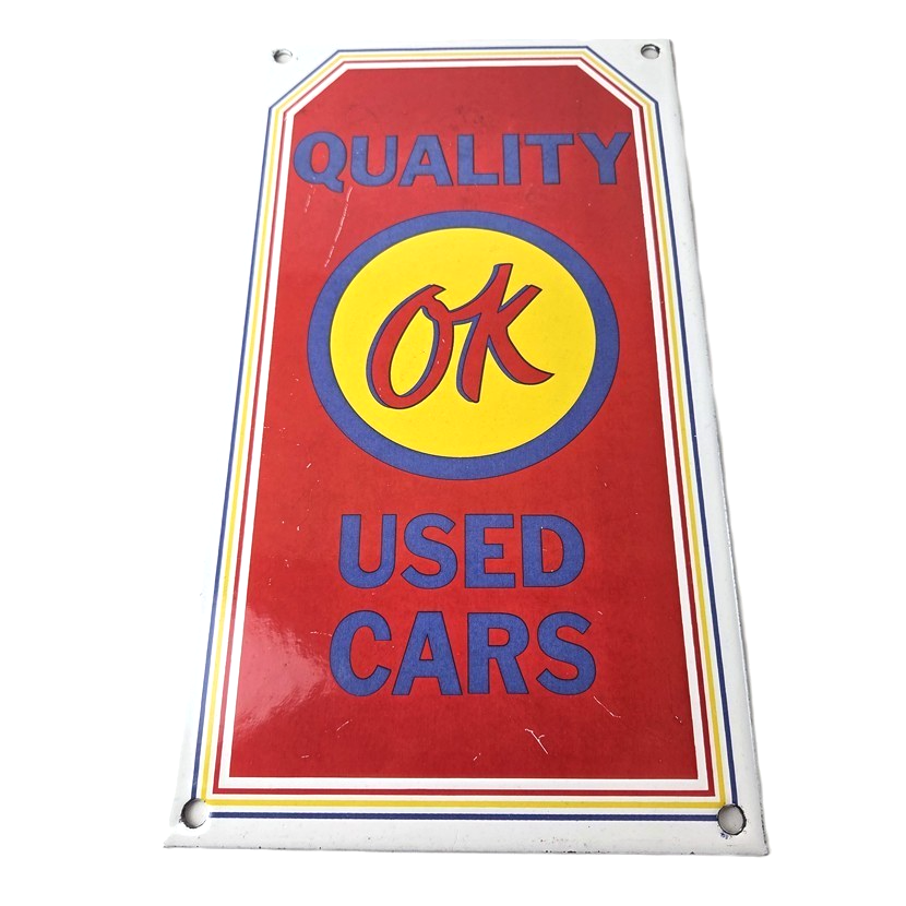 Vintage OK Quality Used Cars Porcelain Sign - Classic Dealer Shield Sign