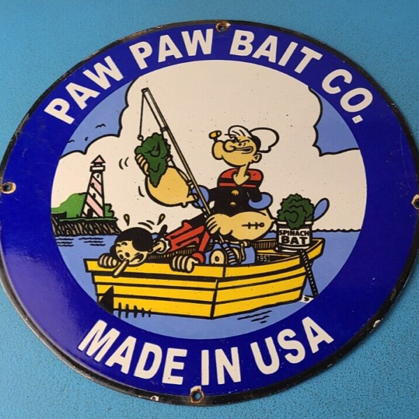 Vintage Paw Paw Bait Sign Popeye Fishing Sign Gas Service Pump Plate Sign 305370530370