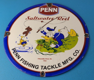 Vintage Penn Fishing Reels Porcelain Sign Saltwater Gear Gas Pump Plate Sign 305858832770