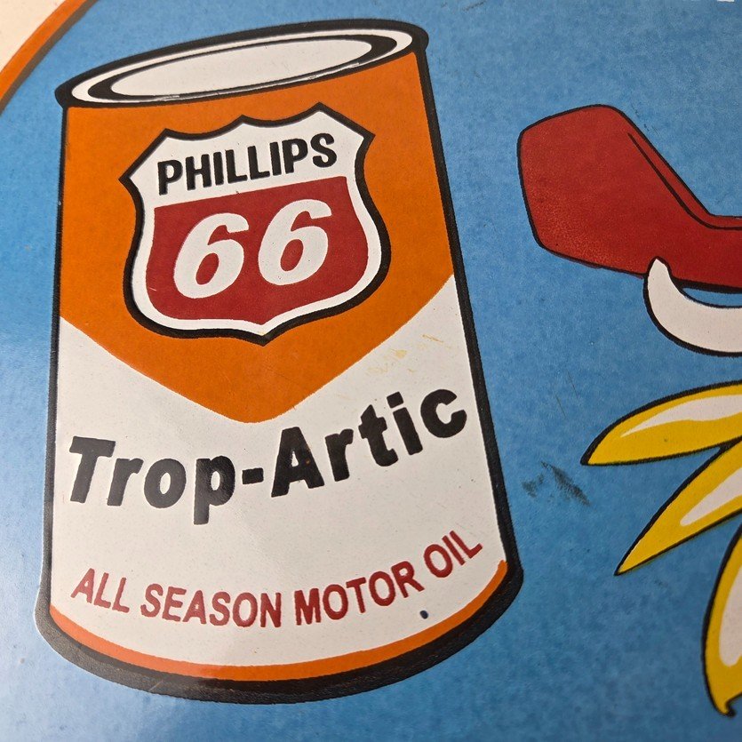 Vintage Phillips 66 Gasoline Sign - Porcelain Cowboy Change Oil Gas Pump Ad Sign - Image 3