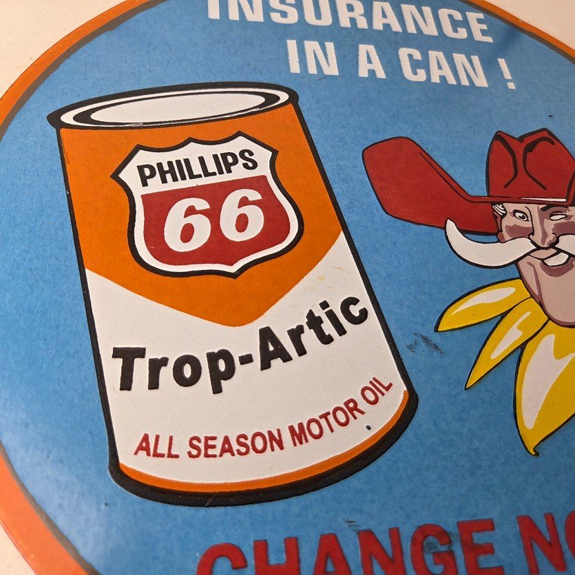 Vintage Phillips 66 Gasoline Sign - Porcelain Cowboy Change Oil Gas Pump Ad Sign - Image 6