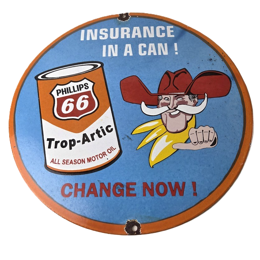 Vintage Phillips 66 Gasoline Sign - Porcelain Cowboy Change Oil Gas Pump Ad Sign