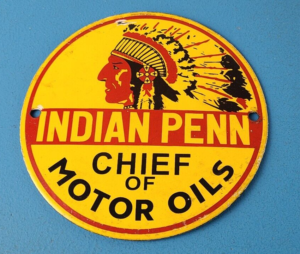 Vintage Porcelain Indian Penn Gasoline Sign Chief Motor Oils Gas Pump Sign 305859232920