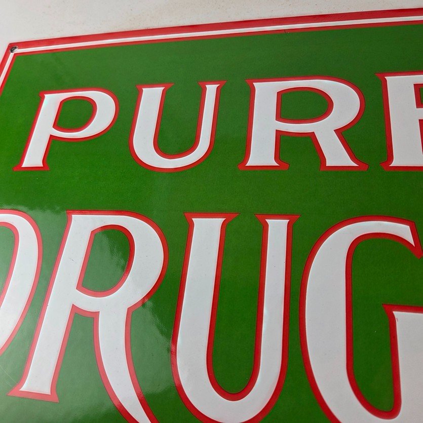 Vintage Pure Drugs Sign - Porcelain General Store Country Gas Oil Pump Sign - Image 3