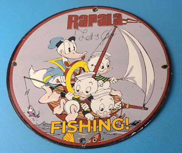 Vintage Rapala Fishing Lures Ad Sign Cartoon Ducks Porcelain Gas Pump Sign 305755559930