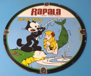 Vintage Rapala Fishing Lures Ad Sign Felix the Cat Porcelain Gas Pump Sign 305874279140