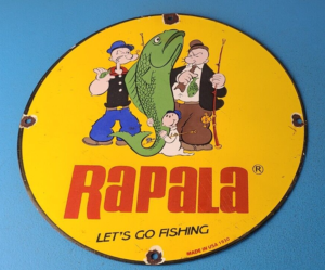 Vintage Rapala Fishing Lures Sign Popeye Big Fish Porcelain Gas Pump Sign 305870747140