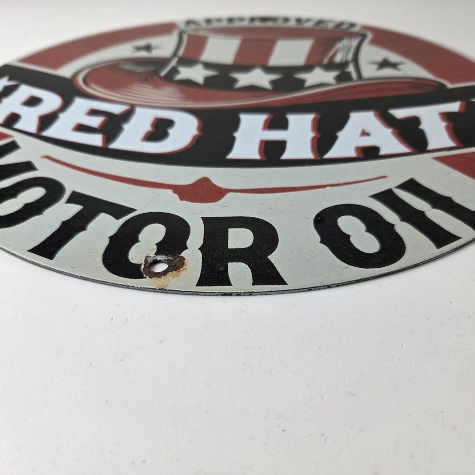 Vintage Red Hat Motor Oil Porcelain Sign - Gasoline Pump Plate Service Sign - Image 11