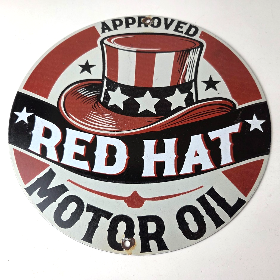Vintage Red Hat Motor Oil Porcelain Sign - Gasoline Pump Plate Service Sign - Image 12