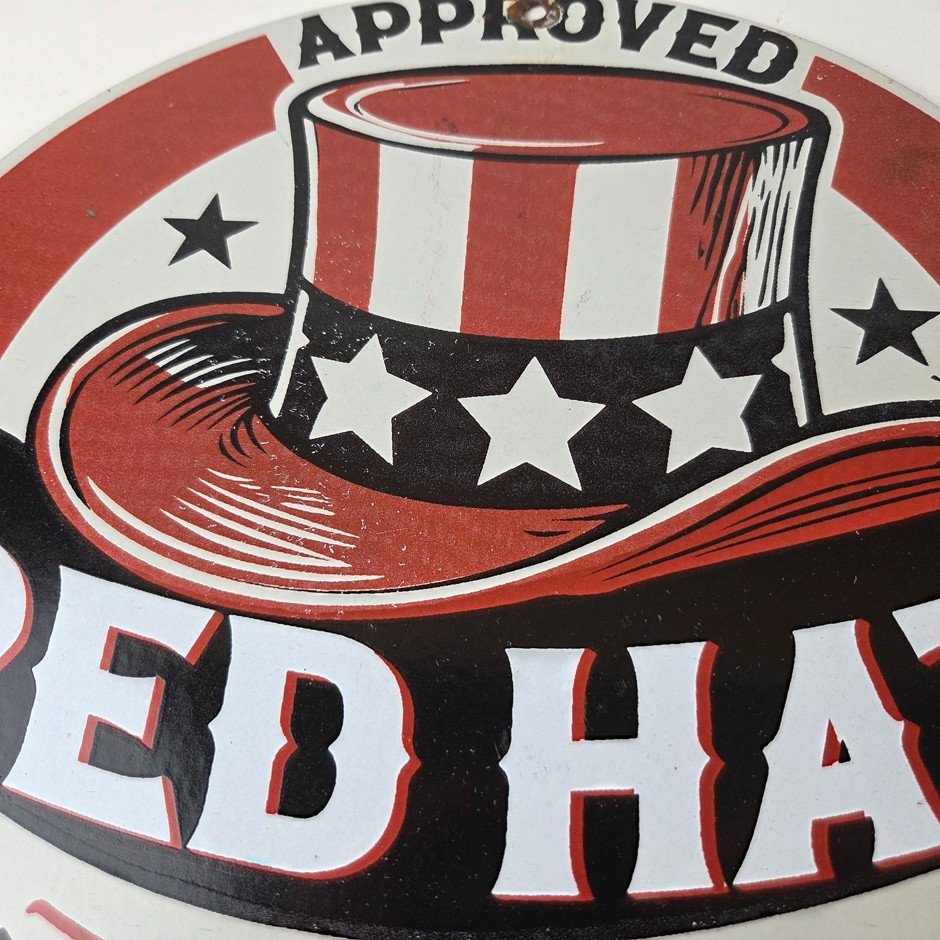 Vintage Red Hat Motor Oil Porcelain Sign - Gasoline Pump Plate Service Sign - Image 3