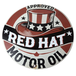 Vintage Red Hat Motor Oil Porcelain Sign - Gasoline Pump Plate Service Sign