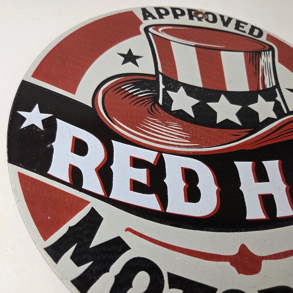 Vintage Red Hat Motor Oil Porcelain Sign - Gasoline Pump Plate Service Sign - Image 6