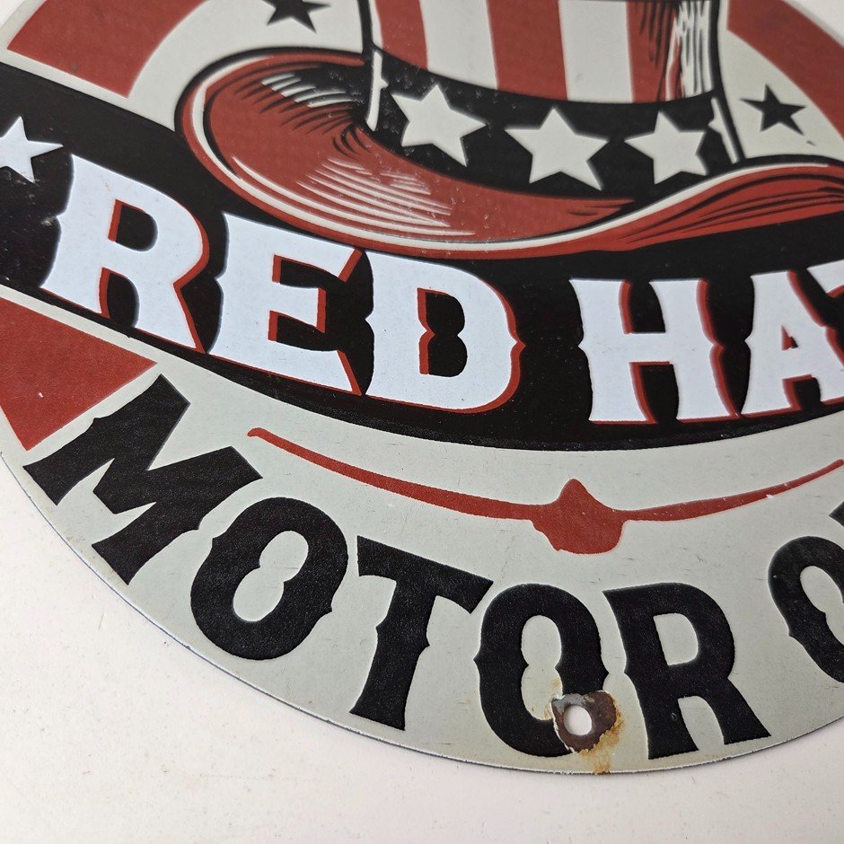 Vintage Red Hat Motor Oil Porcelain Sign - Gasoline Pump Plate Service Sign - Image 7