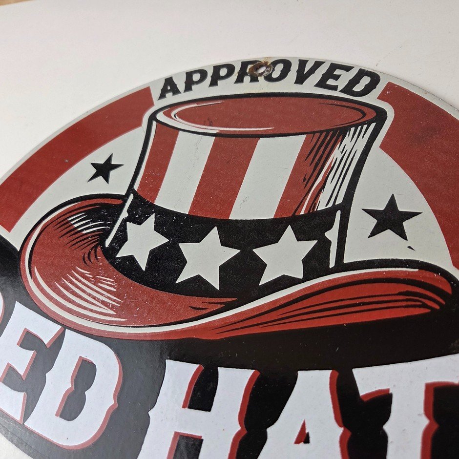 Vintage Red Hat Motor Oil Porcelain Sign - Gasoline Pump Plate Service Sign - Image 8