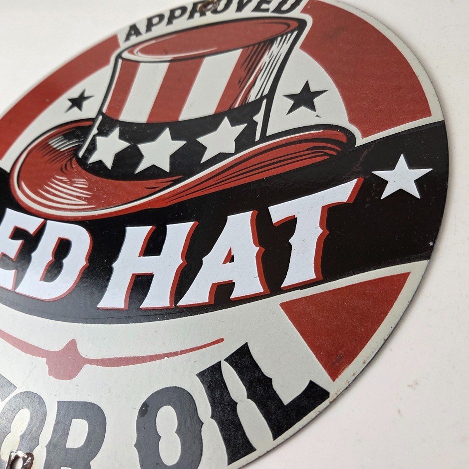 Vintage Red Hat Motor Oil Porcelain Sign - Gasoline Pump Plate Service Sign - Image 9