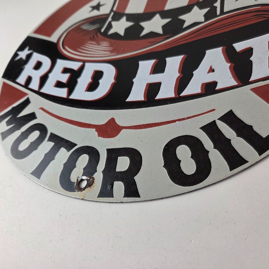 Vintage Red Hat Motor Oil Porcelain Sign - Gasoline Pump Plate Service Sign - Image 10
