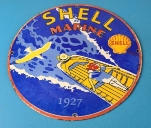 Vintage Shell Gasoline Sign Marine Boat Gas Oil Pump Plate Porcelain Sign 305872640680