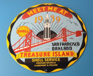 Vintage Shell Gasoline Sign Treasure Island Gas Oil Pump Porcelain Sign 305883216140