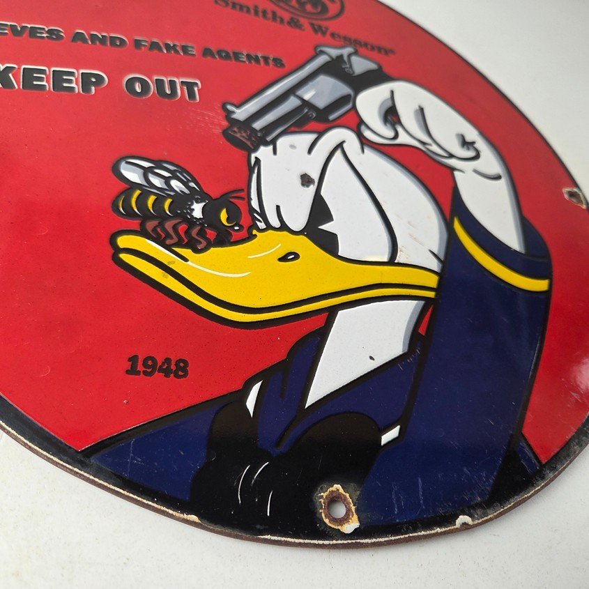 Vintage Smith & Wesson Porcelain Sign - Donald Duck Ad Gas Pump Firearms Sign - Image 11