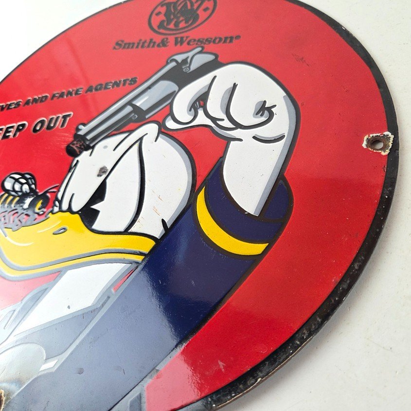 Vintage Smith & Wesson Porcelain Sign - Donald Duck Ad Gas Pump Firearms Sign - Image 13