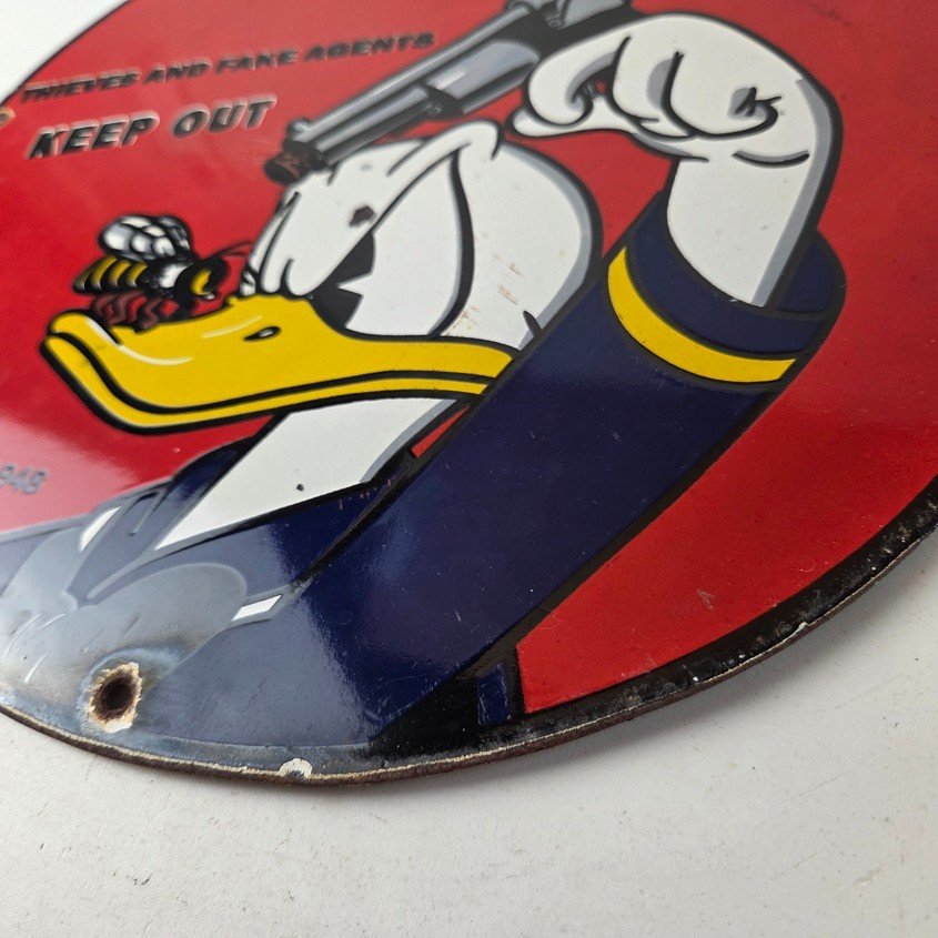 Vintage Smith & Wesson Porcelain Sign - Donald Duck Ad Gas Pump Firearms Sign - Image 14