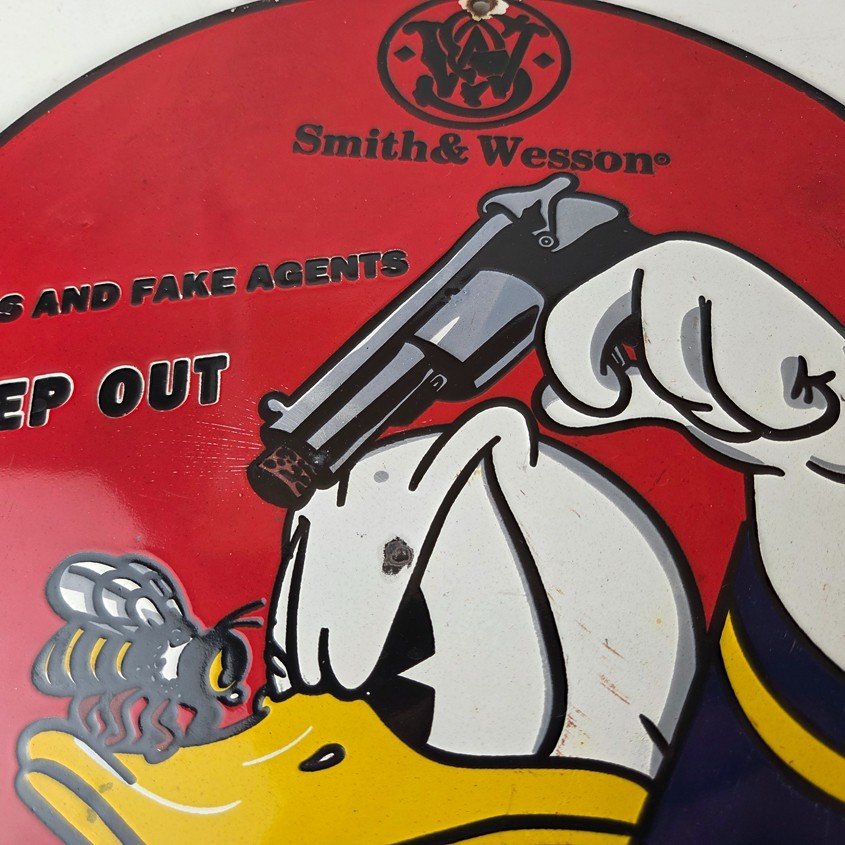 Vintage Smith & Wesson Porcelain Sign - Donald Duck Ad Gas Pump Firearms Sign - Image 3
