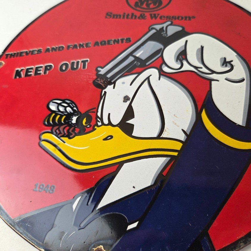 Vintage Smith & Wesson Porcelain Sign - Donald Duck Ad Gas Pump Firearms Sign - Image 4