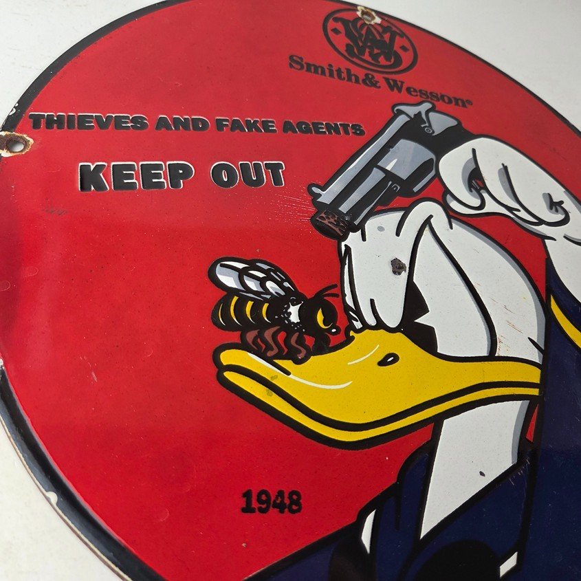 Vintage Smith & Wesson Porcelain Sign - Donald Duck Ad Gas Pump Firearms Sign - Image 6
