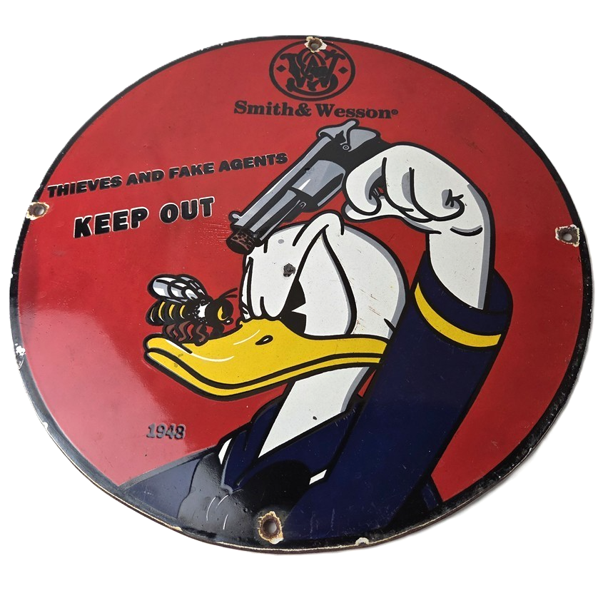 Vintage Smith & Wesson Porcelain Sign - Donald Duck Ad Gas Pump Firearms Sign