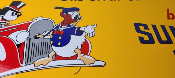 Vintage Sunoco Motor Oils Sign Disney Mickey Duck Gas Pump Porcelain Sign