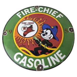 Vintage Texaco Gasoline Porcelain Felix The Cat Firefighter Gas Pump Plate Sign