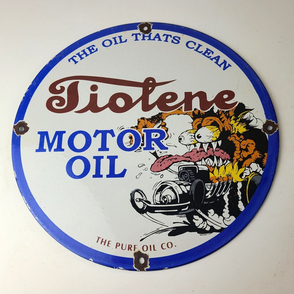Vintage Tiolene Motor Oil Porcelain Sign - Rat Fink Sign - Gas Pump Plate Sign - Image 12