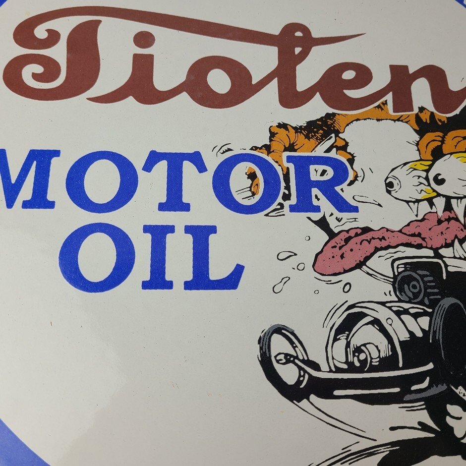 Vintage Tiolene Motor Oil Porcelain Sign - Rat Fink Sign - Gas Pump Plate Sign - Image 4