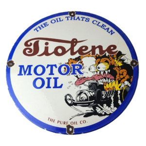 Vintage Tiolene Motor Oil Porcelain Sign - Rat Fink Sign - Gas Pump Plate Sign