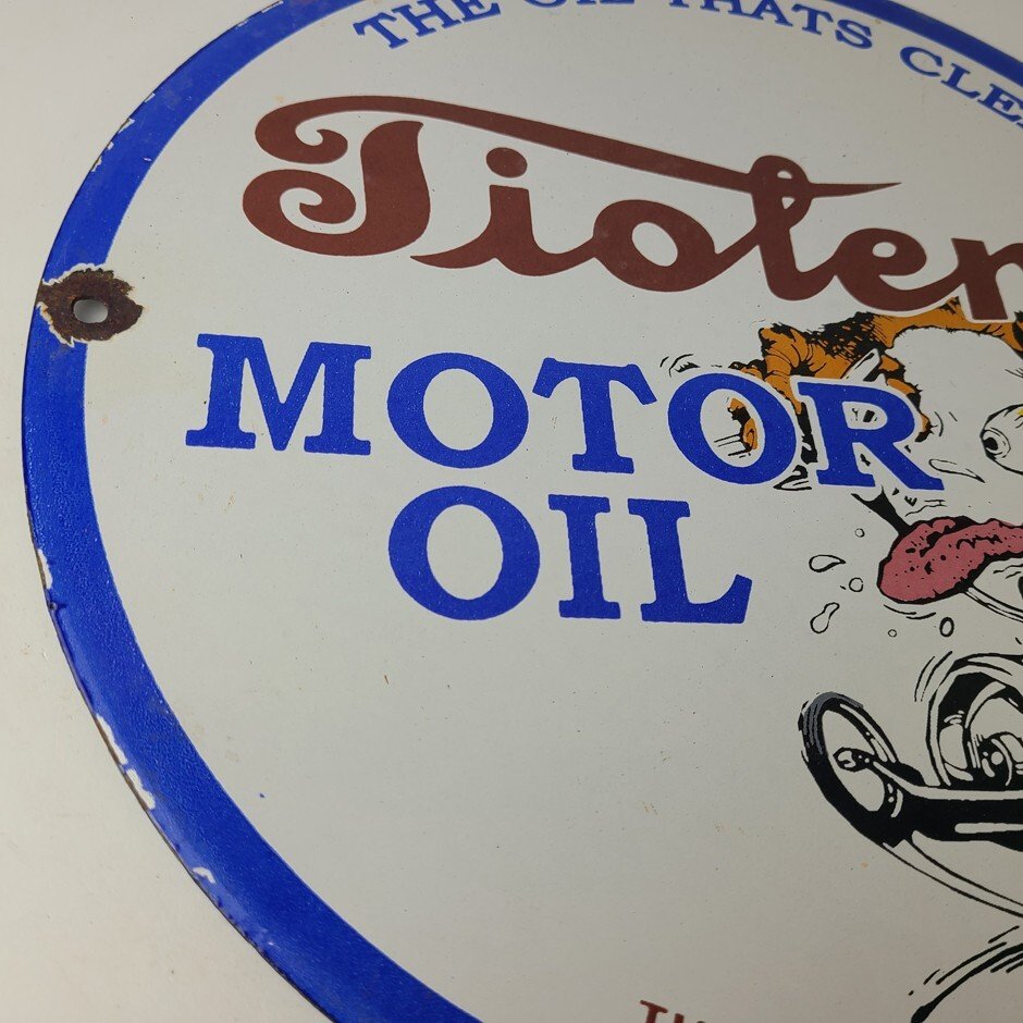 Vintage Tiolene Motor Oil Porcelain Sign - Rat Fink Sign - Gas Pump Plate Sign - Image 6