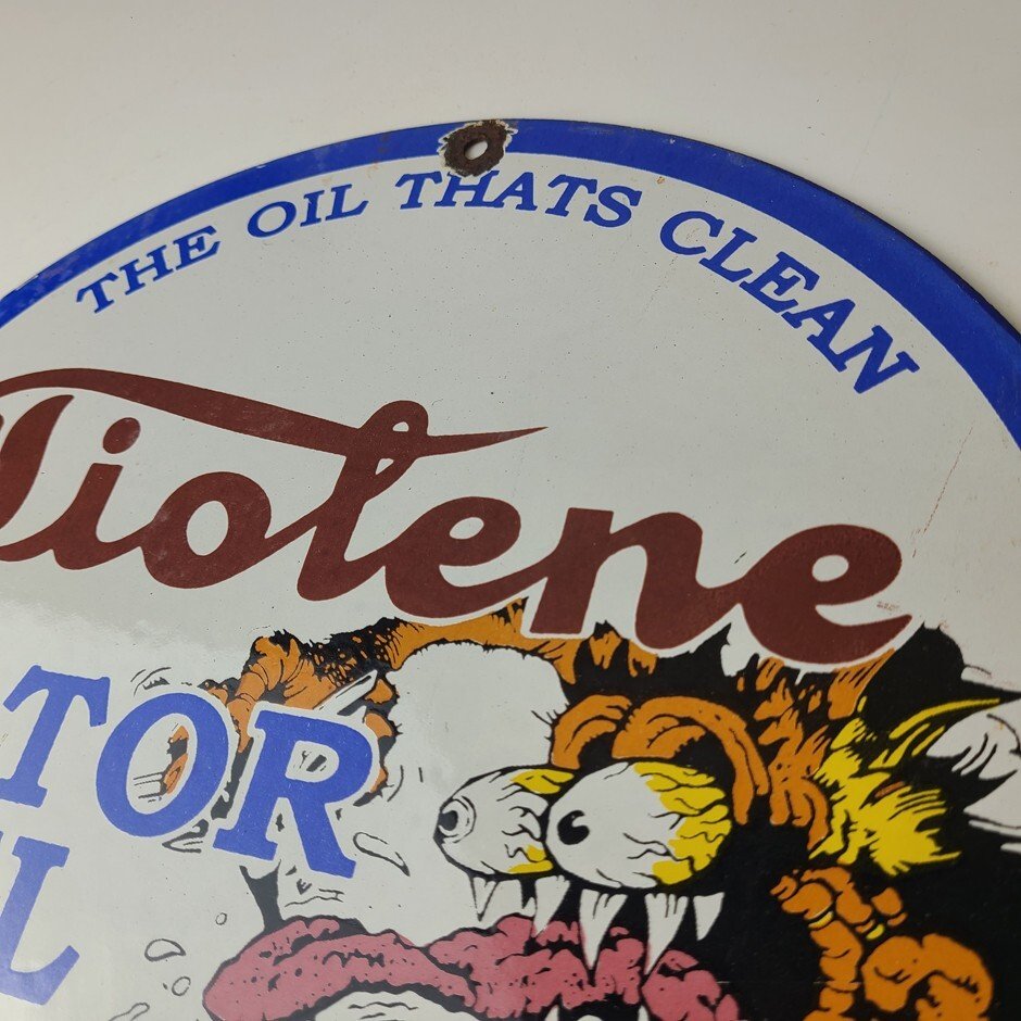 Vintage Tiolene Motor Oil Porcelain Sign - Rat Fink Sign - Gas Pump Plate Sign - Image 8