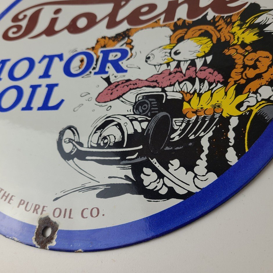 Vintage Tiolene Motor Oil Porcelain Sign - Rat Fink Sign - Gas Pump Plate Sign - Image 10