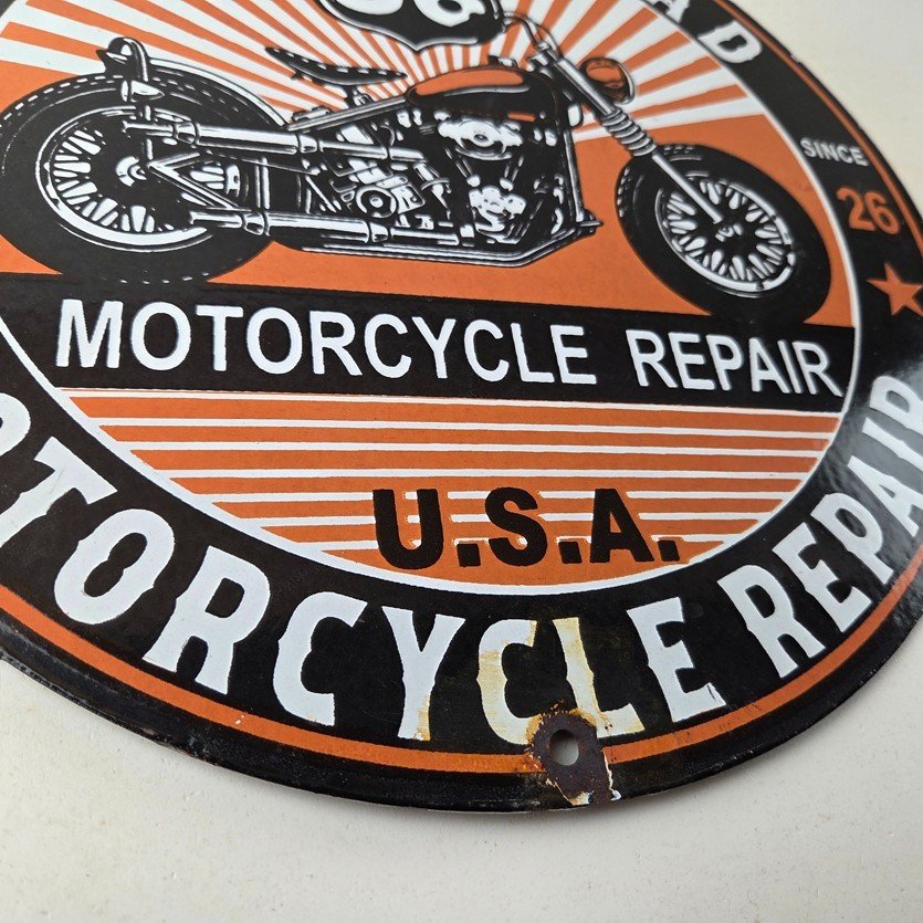 Vintage US Route 66 Sign - Porcelain Motorcycle Repair Gas Pump Sign - Image 11