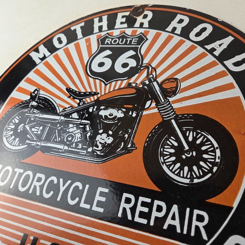 Vintage US Route 66 Sign - Porcelain Motorcycle Repair Gas Pump Sign - Image 12