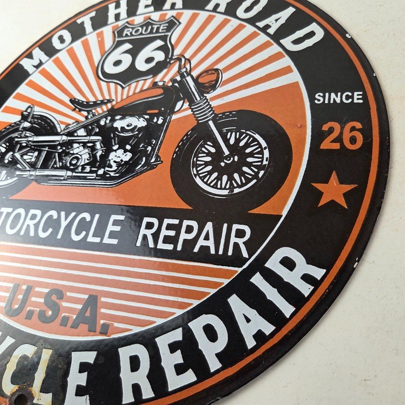 Vintage US Route 66 Sign - Porcelain Motorcycle Repair Gas Pump Sign - Image 13